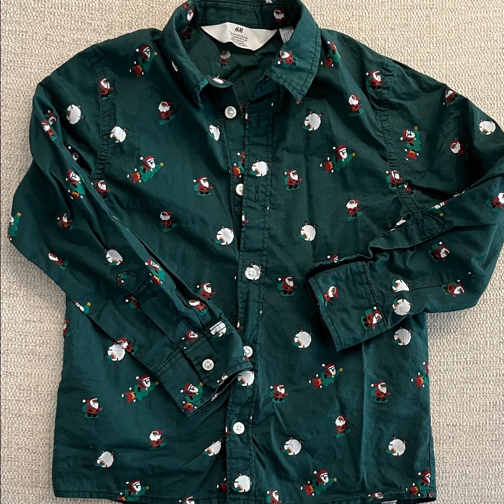 H&M Dark Green Boy’s Holiday Print Button-Down Shirt